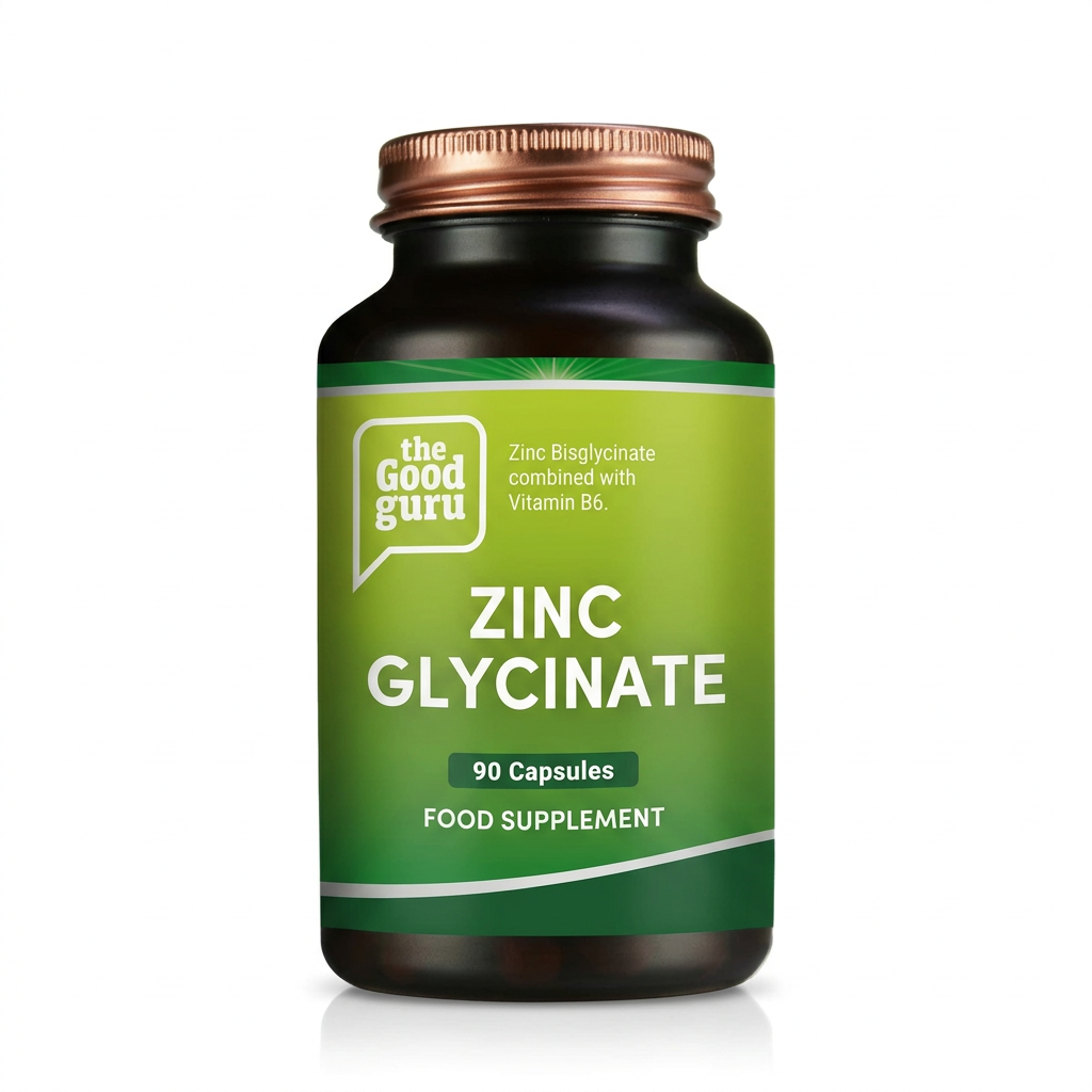A screenshot of a product page on The Herbal Remedies store showing a bottle of Zinc Glycinate dietary supplement. The bottle is dark green with a copper-brown cap and a green label.