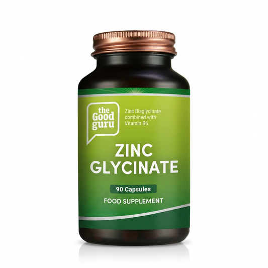 A screenshot of a product page on The Herbal Remedies store showing a bottle of Zinc Glycinate dietary supplement. The bottle is dark green with a copper-brown cap and a green label.